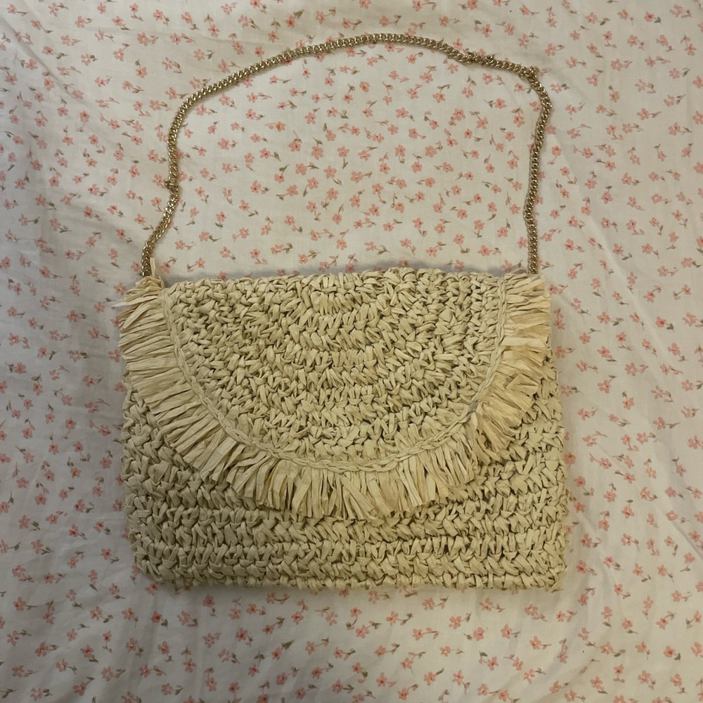 J. Crew Cream Woven Shoulder Bag with Gold Chain